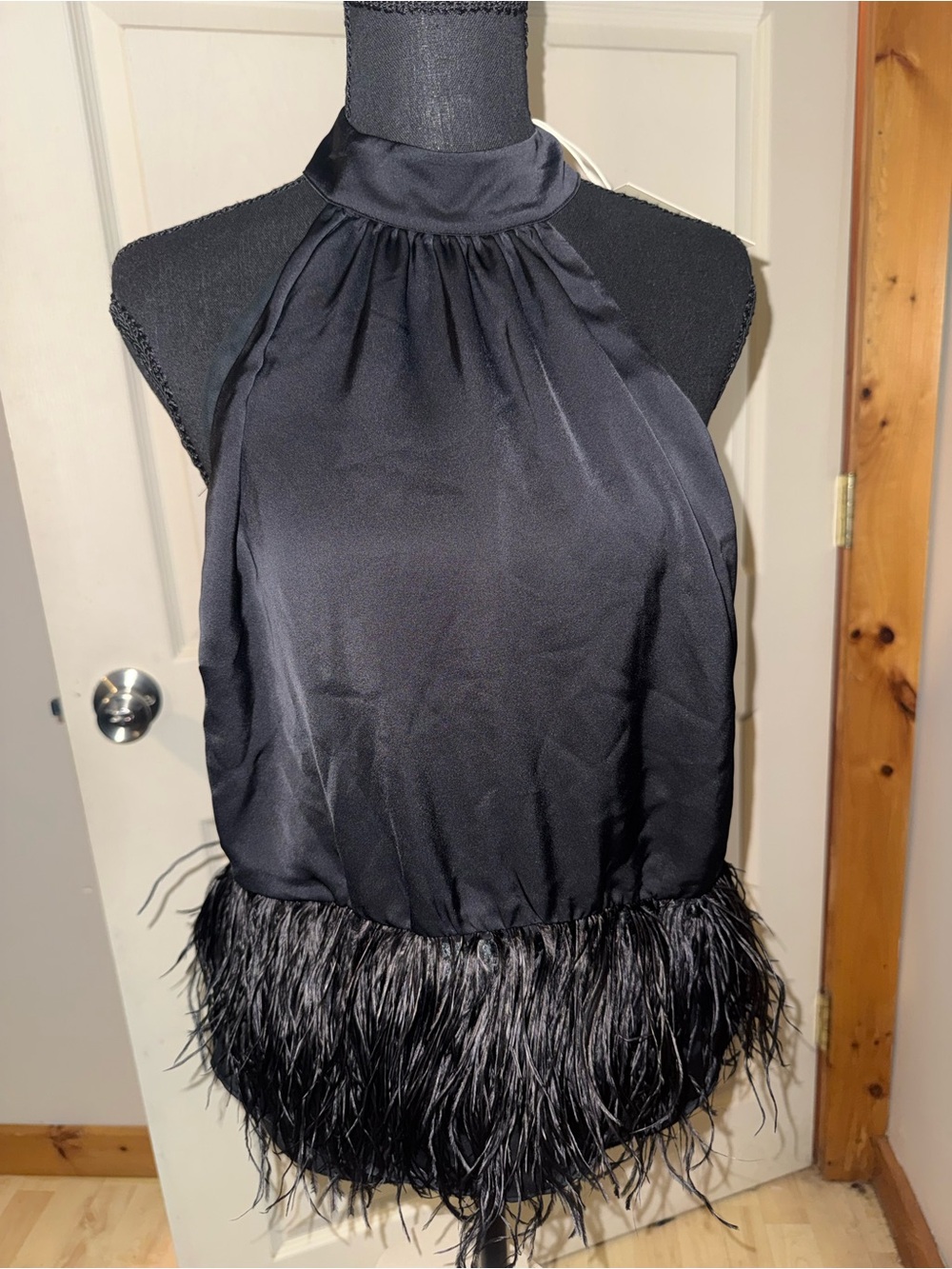 Ramy Brook Black Halter Feather Trim Satin Top, Size L